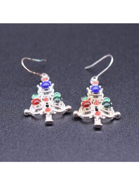 Vintage Christmas Tree Dangle Earrings Colorful Beads Silver Tone Holiday Charm